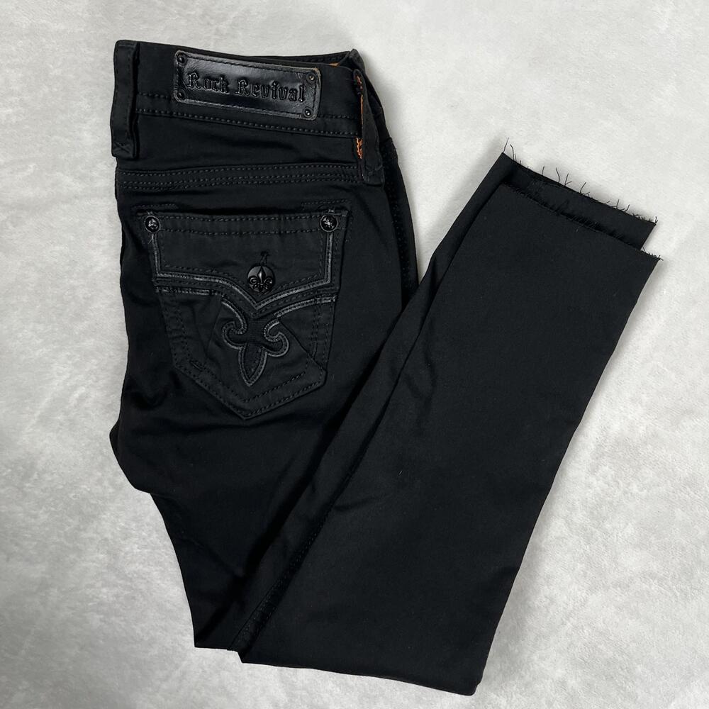 Rock Revival Alba Skinny Jeans Womens 28 Black Dark Wash Distressed Ankle Denim